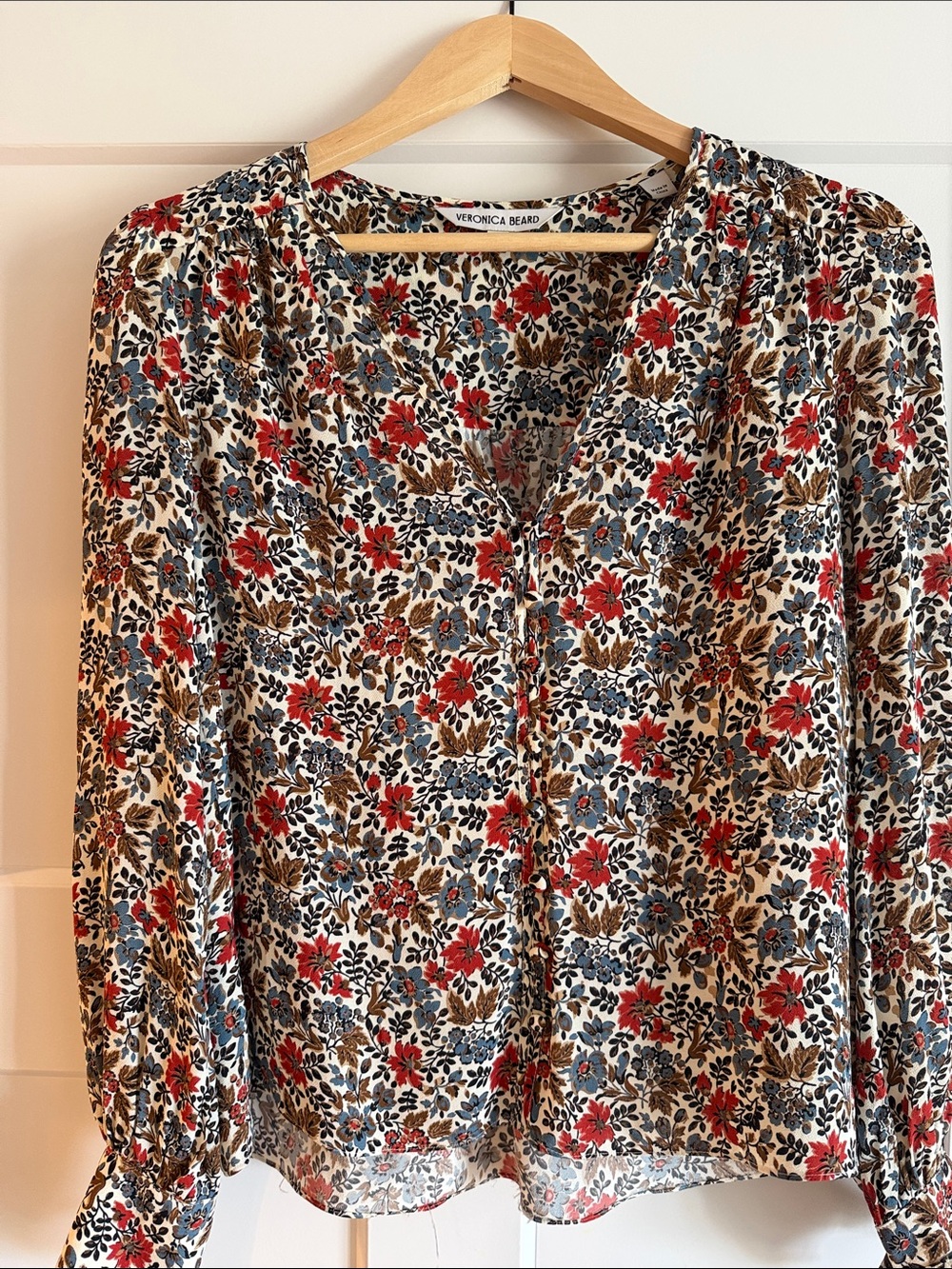 Veronica Beard Floral V-Neck Blouse in Cream, Red, Blue and Brown